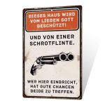 Putuo Decor Blechschild – Dieses Haus wird von Gott und Schrotflinte beschützt – Witziges Warnschild