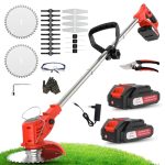 Der beste Akku-Rasentrimmer OUTIGO Akku Rasentrimmer mit Akku, Rasenkantenschneider mit 2 Akkus 21V und 4 Messertypen+1 Gartenschere, Verstellbarer Teleskop-Führungsholm Desbrozadoraeléctrico inalámbrico (Rot-FBA)
