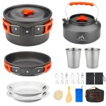 Das beste Campinggeschirr THTYBROS 17-teiliges Camping-Kochgeschirr-Set, hart eloxiertes Aluminium-Topf-Pfanne-Kessel mit 2 Edelstahl-Tassen, Teller, Besteck für Outdoor-Wandern, Rucksackreisen, Picknick