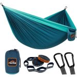 Die beste Outdoor-Hängematte AnorTrek Camping Hängematte, superleichte tragbare Fallschirm Hängematte mit Zwei Baumgurten Einzel oder Doppel Nylon Reisebaum Hängematten… Blue&Dark Blue